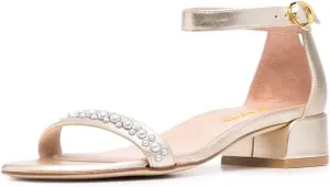 XYD Women Pearls Open Toe Strappy Low Block Heel Sandal Flats Ankle Strap with Buckle Wedding Bridal Dress Shoes