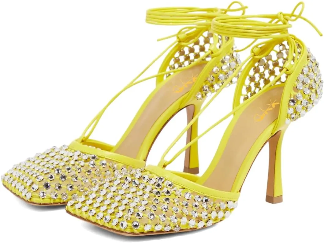 XYD Women Square Toe Rhinestones Studded Pumps Fishnet Openwork Ankle Wrap Strappy Sandals D'Orsay Prom Dance Sexy Shoes