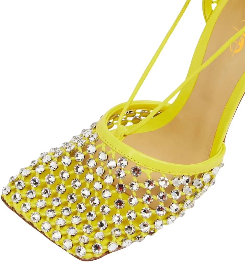 XYD Women Square Toe Rhinestones Studded Pumps Fishnet Openwork Ankle Wrap Strappy Sandals D'Orsay Prom Dance Sexy Shoes