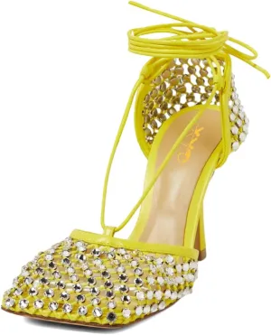 XYD Women Square Toe Rhinestones Studded Pumps Fishnet Openwork Ankle Wrap Strappy Sandals D'Orsay Prom Dance Sexy Shoes