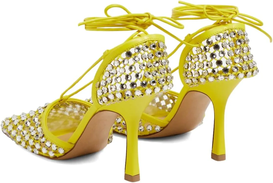 XYD Women Square Toe Rhinestones Studded Pumps Fishnet Openwork Ankle Wrap Strappy Sandals D'Orsay Prom Dance Sexy Shoes