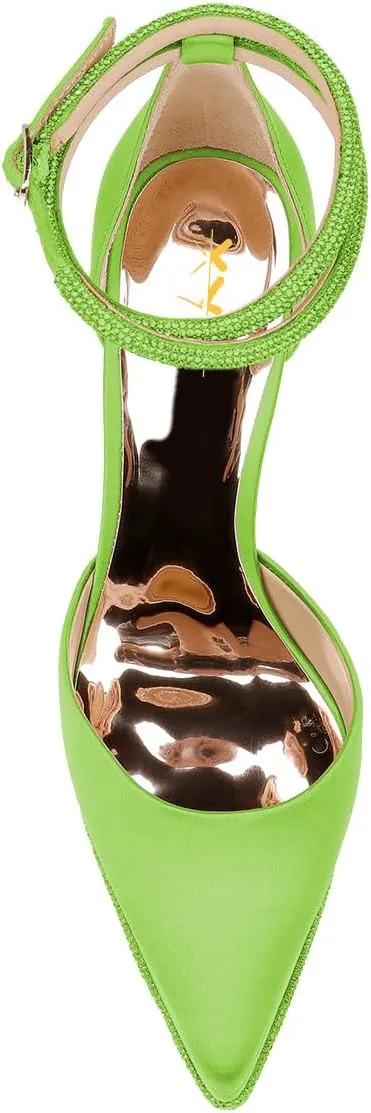 XYD Women's Pointed Toe Platforms Glamorous Crystal Ankle Wrap Strappy Block High Heels D'Orsay Satin Shoes for Evening Party