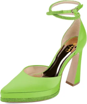 XYD Women's Pointed Toe Platforms Glamorous Crystal Ankle Wrap Strappy Block High Heels D'Orsay Satin Shoes for Evening Party