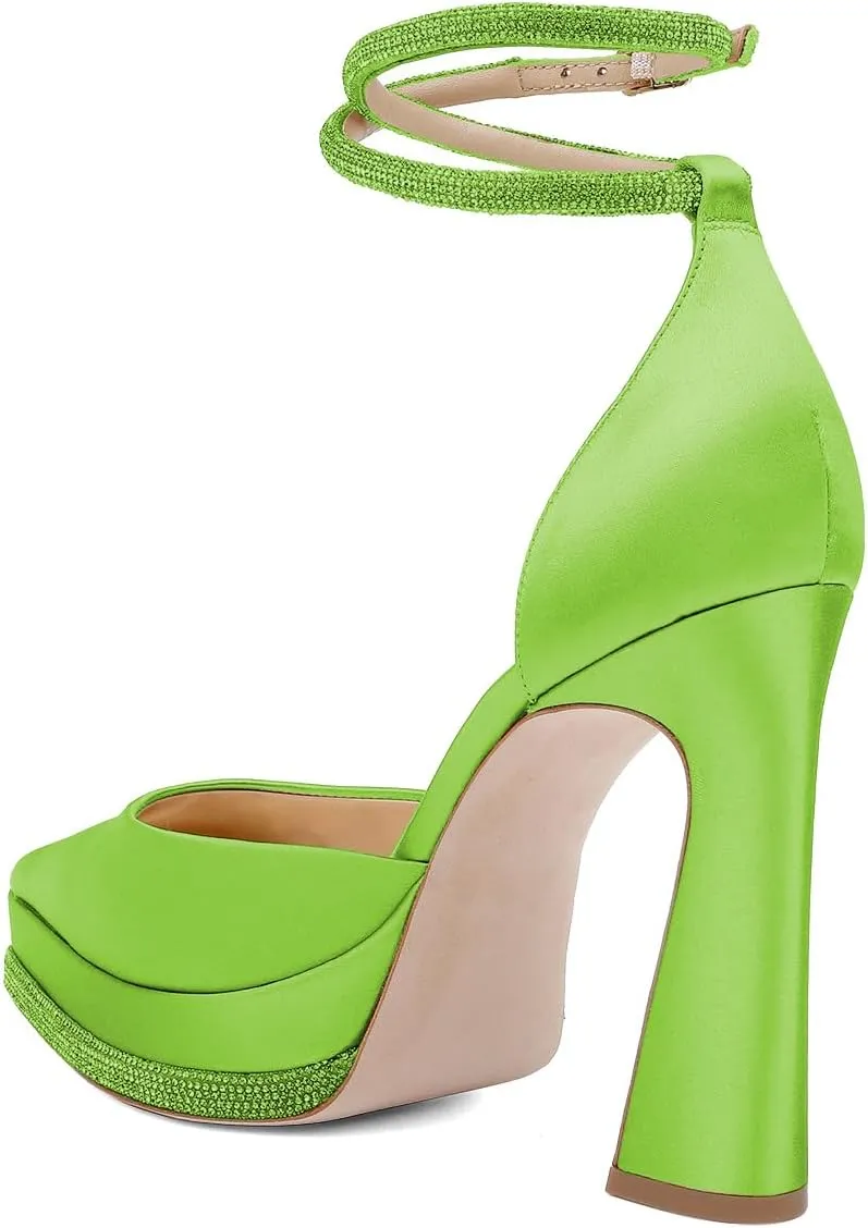XYD Women's Pointed Toe Platforms Glamorous Crystal Ankle Wrap Strappy Block High Heels D'Orsay Satin Shoes for Evening Party