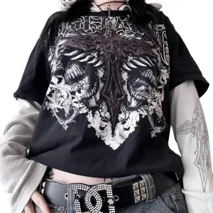 Y2K Grunge Long Sleeve Tops Vintage Graphic Print Loose Fit T-Shirts Gothic Aesthetic Emo Fairycore Clothing Teen Girls