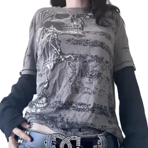 Y2K Grunge Long Sleeve Tops Vintage Graphic Print Loose Fit T-Shirts Gothic Aesthetic Emo Fairycore Clothing Teen Girls