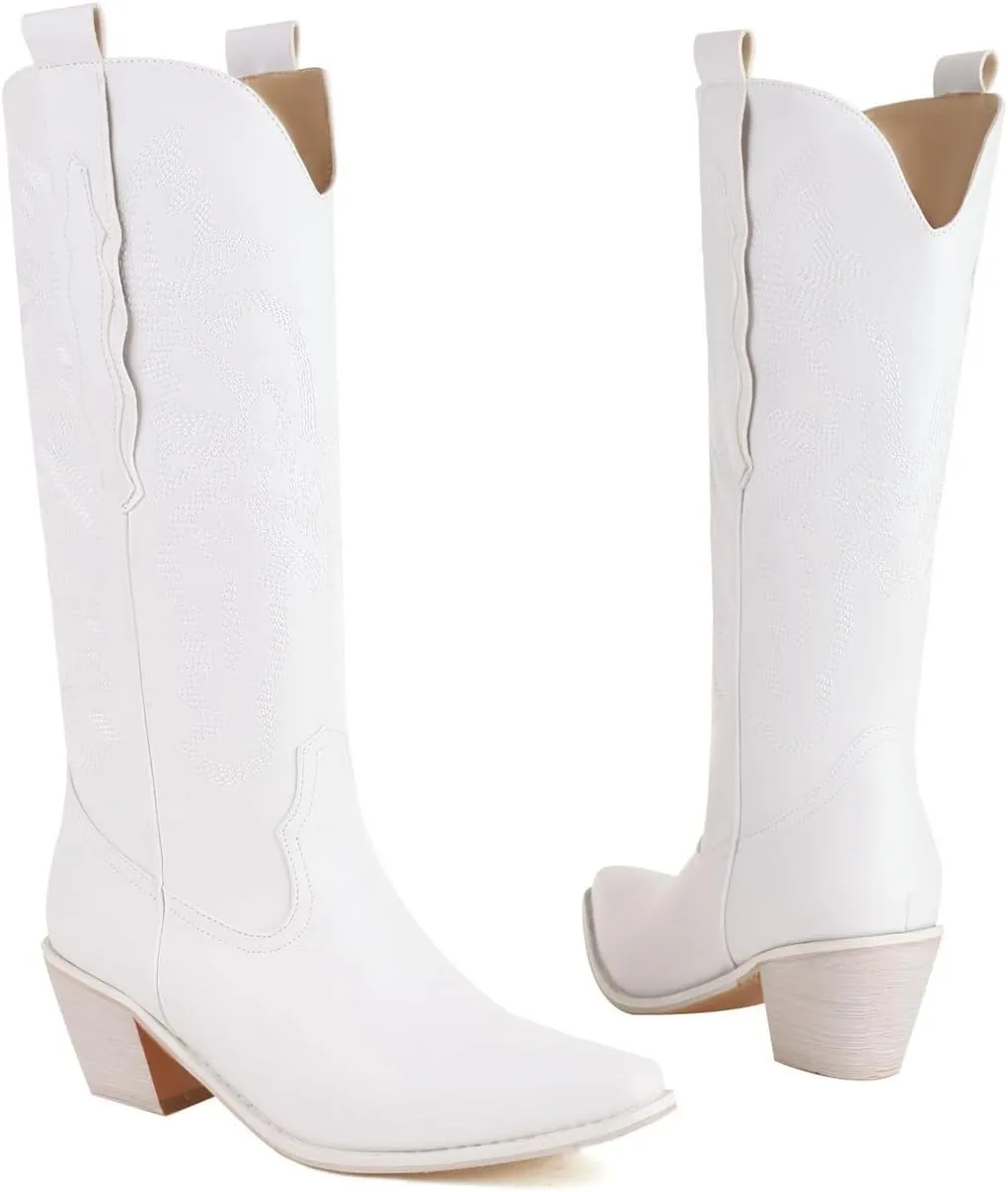 Yawors Women's BC463 Mid Calf Cowboy Boots Strapless Pigskin Leather Low Block Mid Calf Boots