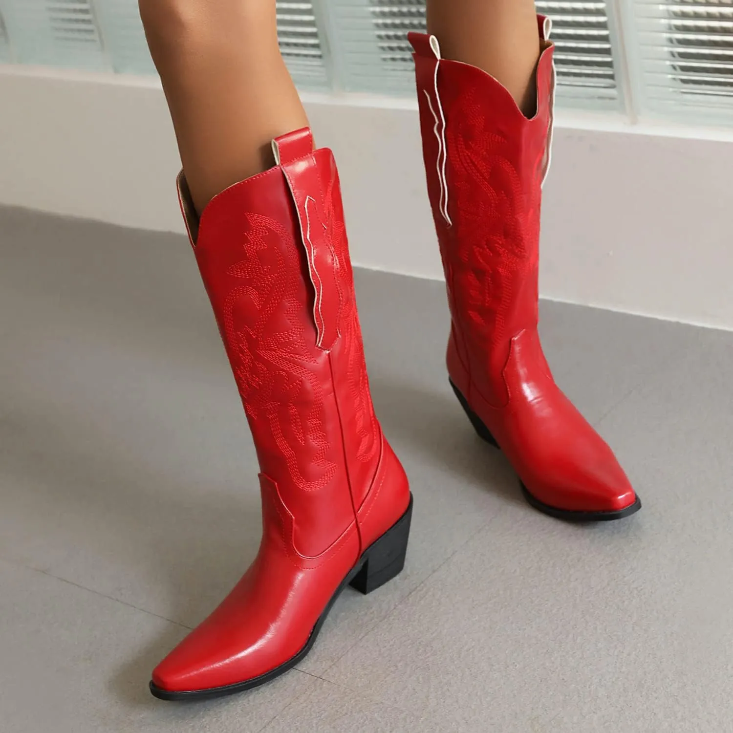 Yawors Women's BC463 Mid Calf Cowboy Boots Strapless Pigskin Leather Low Block Mid Calf Boots