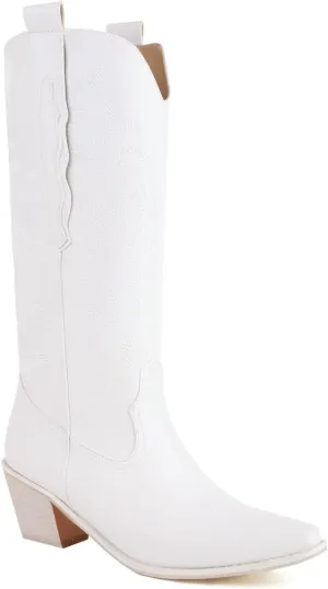 Yawors Women's BC463 Mid Calf Cowboy Boots Strapless Pigskin Leather Low Block Mid Calf Boots