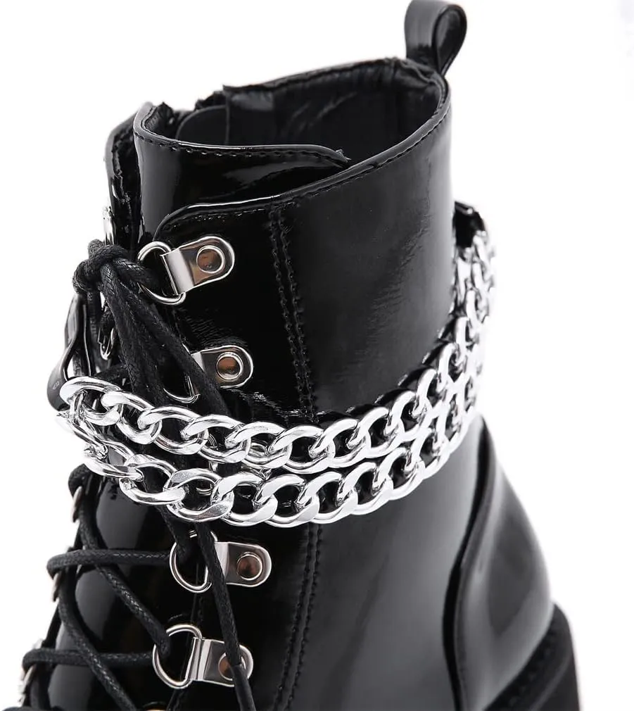 YIYA Women's Black Goth Platform Ankle Boots with Bat Wing Buckles Chunky Block Heels Round Toe Zipper Punk Motorcycle Combat Boots Comfy Short Gothic Booties