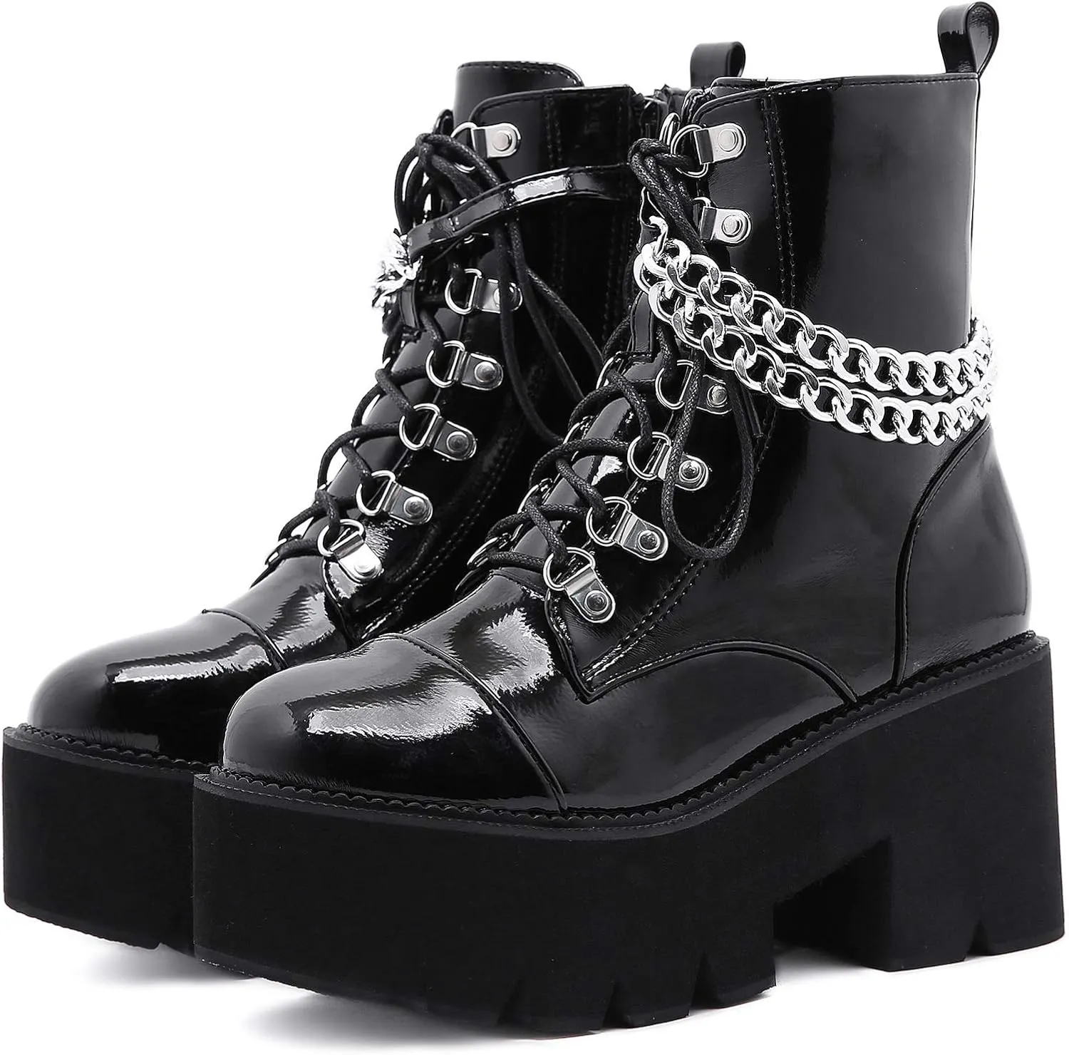 YIYA Women's Black Goth Platform Ankle Boots with Bat Wing Buckles Chunky Block Heels Round Toe Zipper Punk Motorcycle Combat Boots Comfy Short Gothic Booties