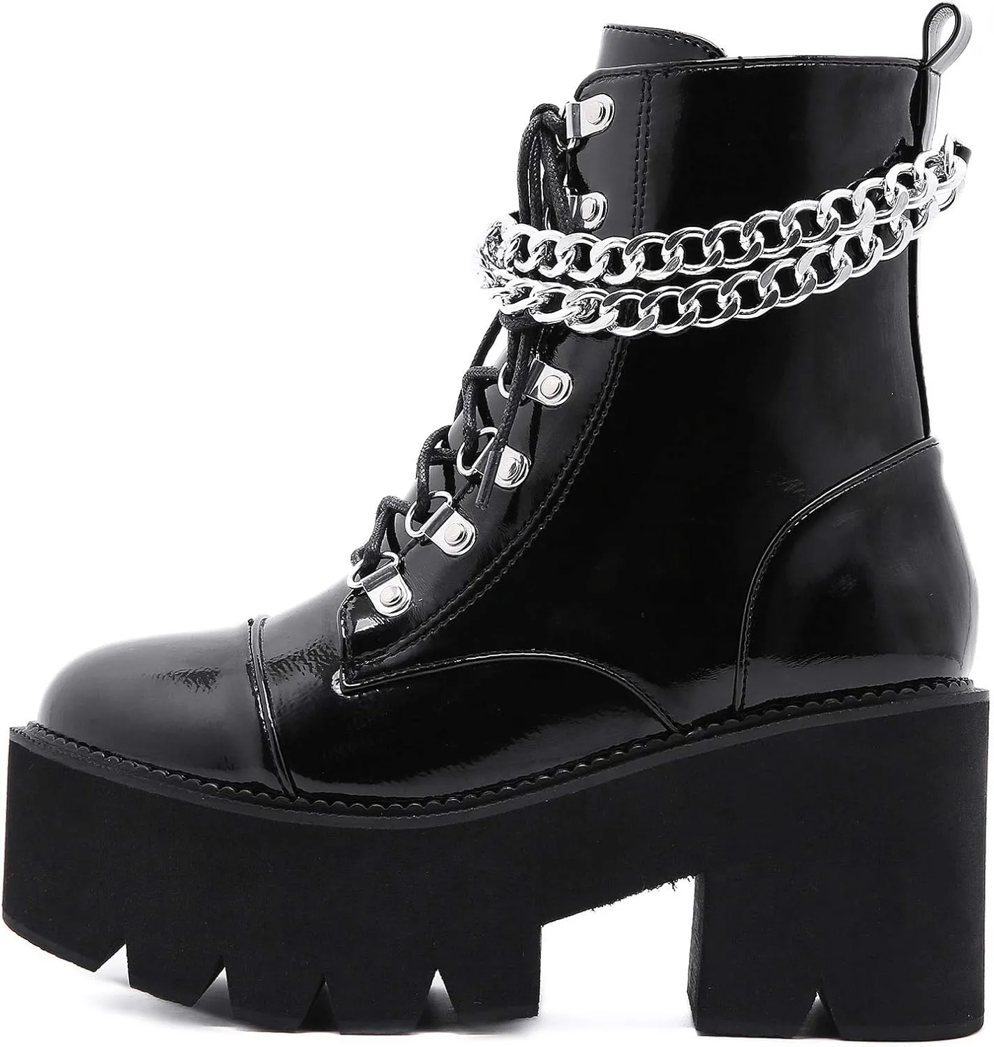 YIYA Women's Black Goth Platform Ankle Boots with Bat Wing Buckles Chunky Block Heels Round Toe Zipper Punk Motorcycle Combat Boots Comfy Short Gothic Booties