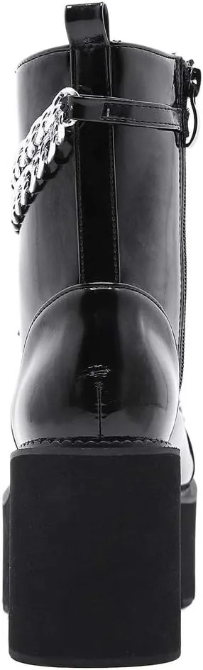 YIYA Women's Black Goth Platform Ankle Boots with Bat Wing Buckles Chunky Block Heels Round Toe Zipper Punk Motorcycle Combat Boots Comfy Short Gothic Booties