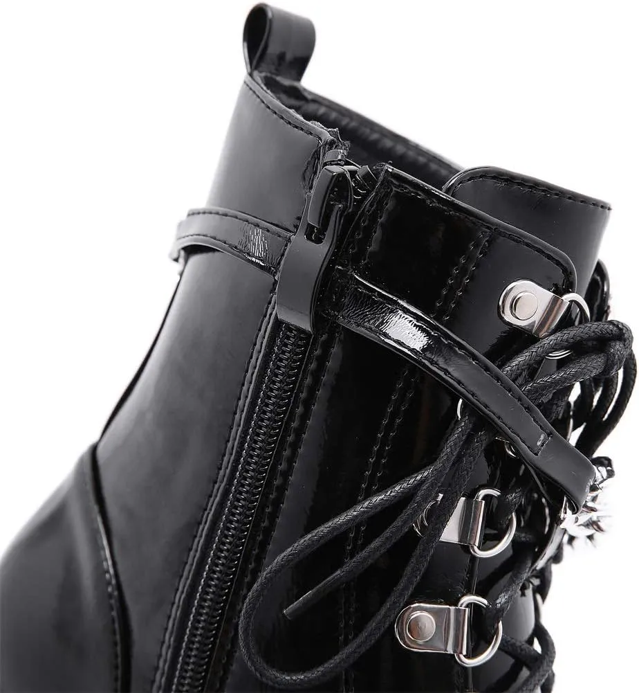 YIYA Women's Black Goth Platform Ankle Boots with Bat Wing Buckles Chunky Block Heels Round Toe Zipper Punk Motorcycle Combat Boots Comfy Short Gothic Booties