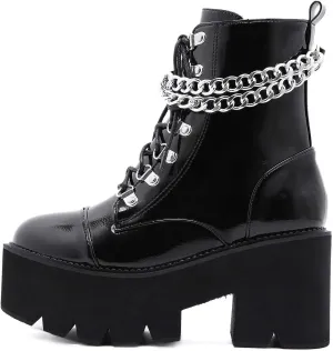 YIYA Women's Black Goth Platform Ankle Boots with Bat Wing Buckles Chunky Block Heels Round Toe Zipper Punk Motorcycle Combat Boots Comfy Short Gothic Booties