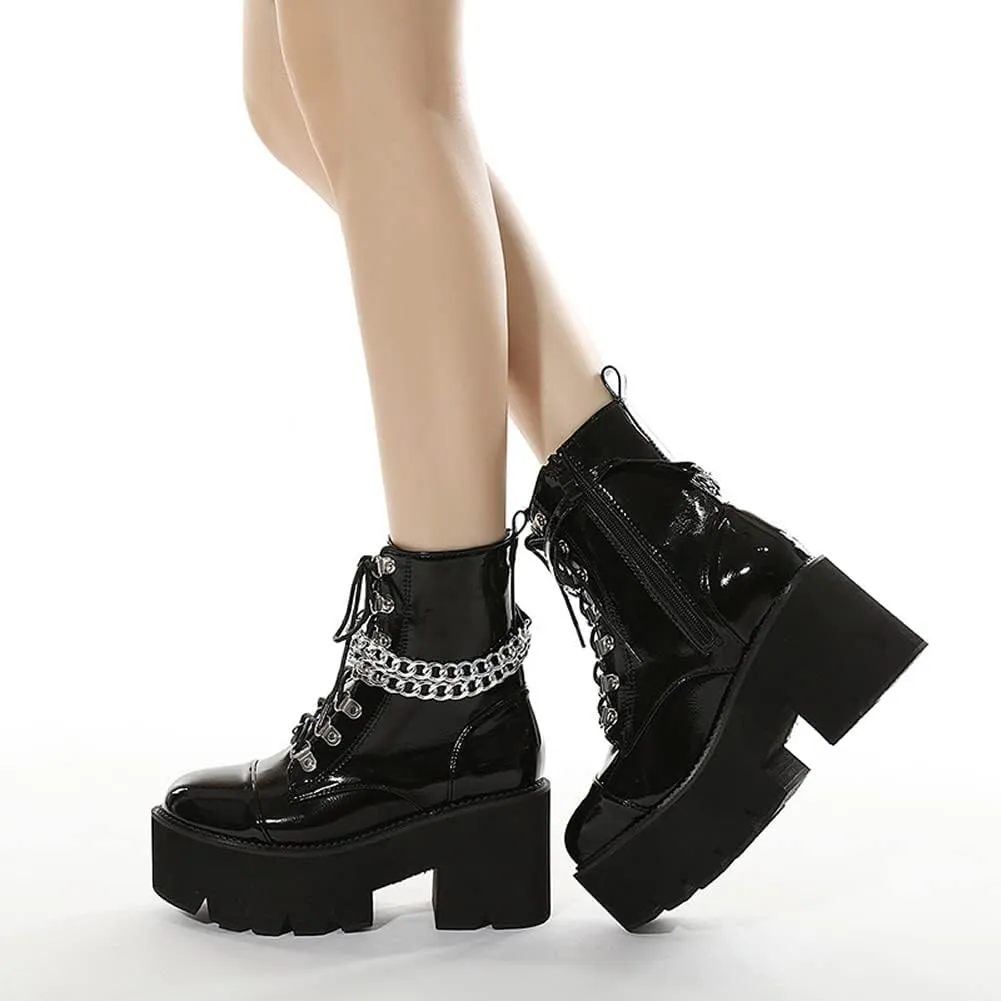YIYA Women's Black Goth Platform Ankle Boots with Bat Wing Buckles Chunky Block Heels Round Toe Zipper Punk Motorcycle Combat Boots Comfy Short Gothic Booties