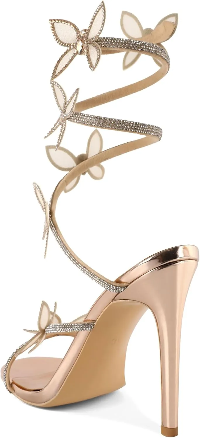 YODEKS Rhinestone Butterfly Heels Sandals Open Toe High Heels Women's Shoes