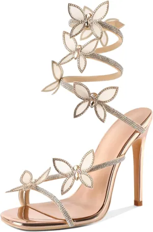 YODEKS Rhinestone Butterfly Heels Sandals Open Toe High Heels Women's Shoes