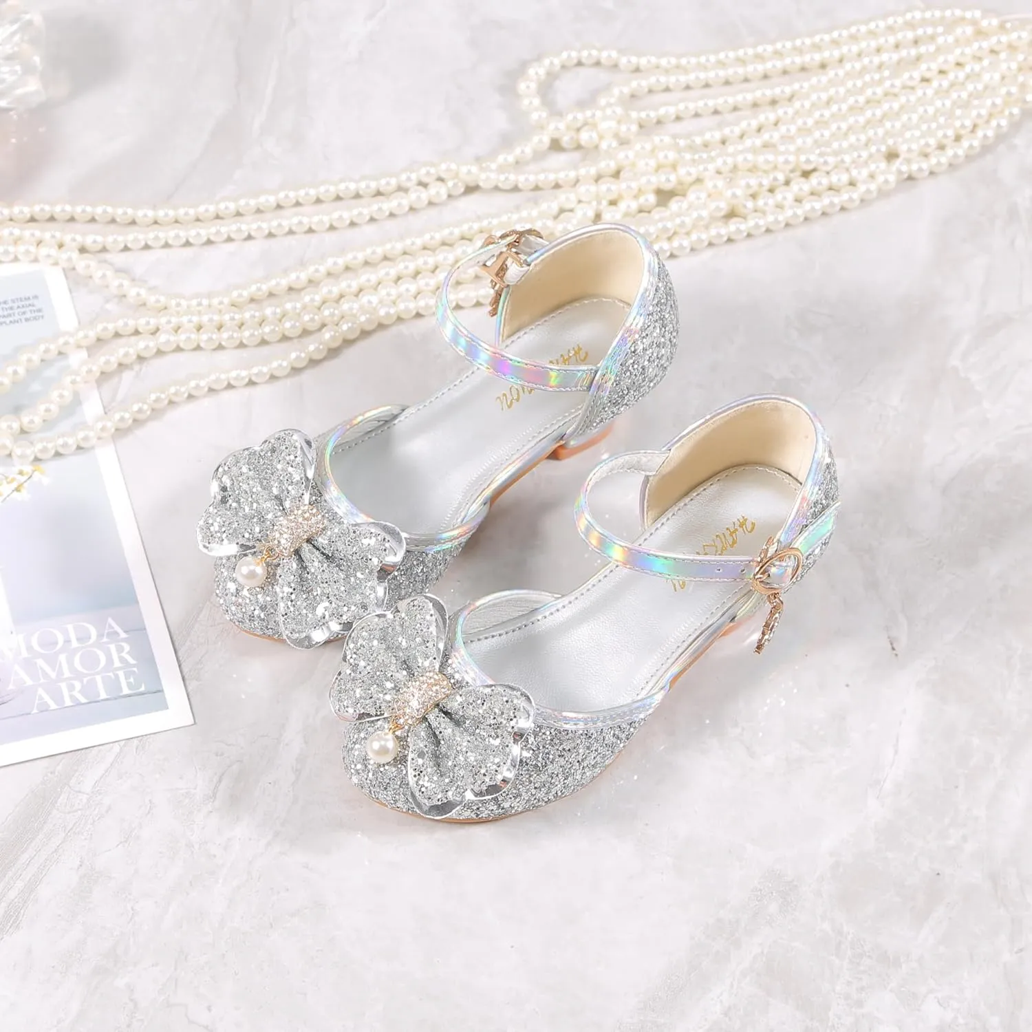 YUNICUS Girls Sandals Cosplay Clear Sparkle Jelly Dress Shoes with Bow Mary Jane Flats