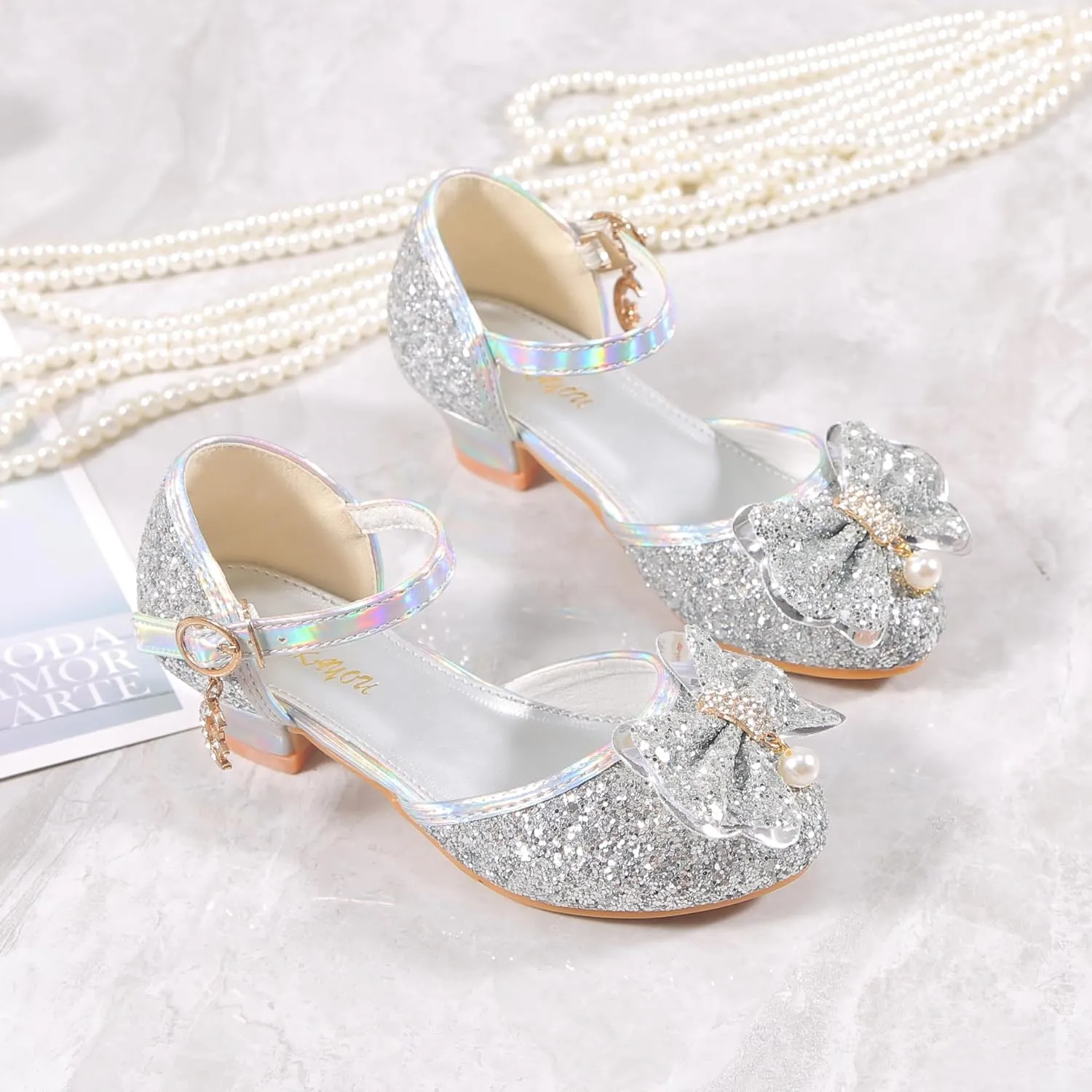 YUNICUS Girls Sandals Cosplay Clear Sparkle Jelly Dress Shoes with Bow Mary Jane Flats