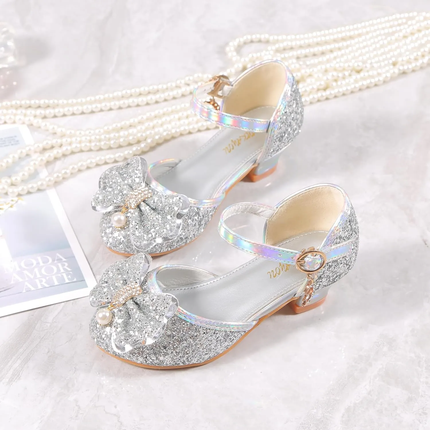 YUNICUS Girls Sandals Cosplay Clear Sparkle Jelly Dress Shoes with Bow Mary Jane Flats