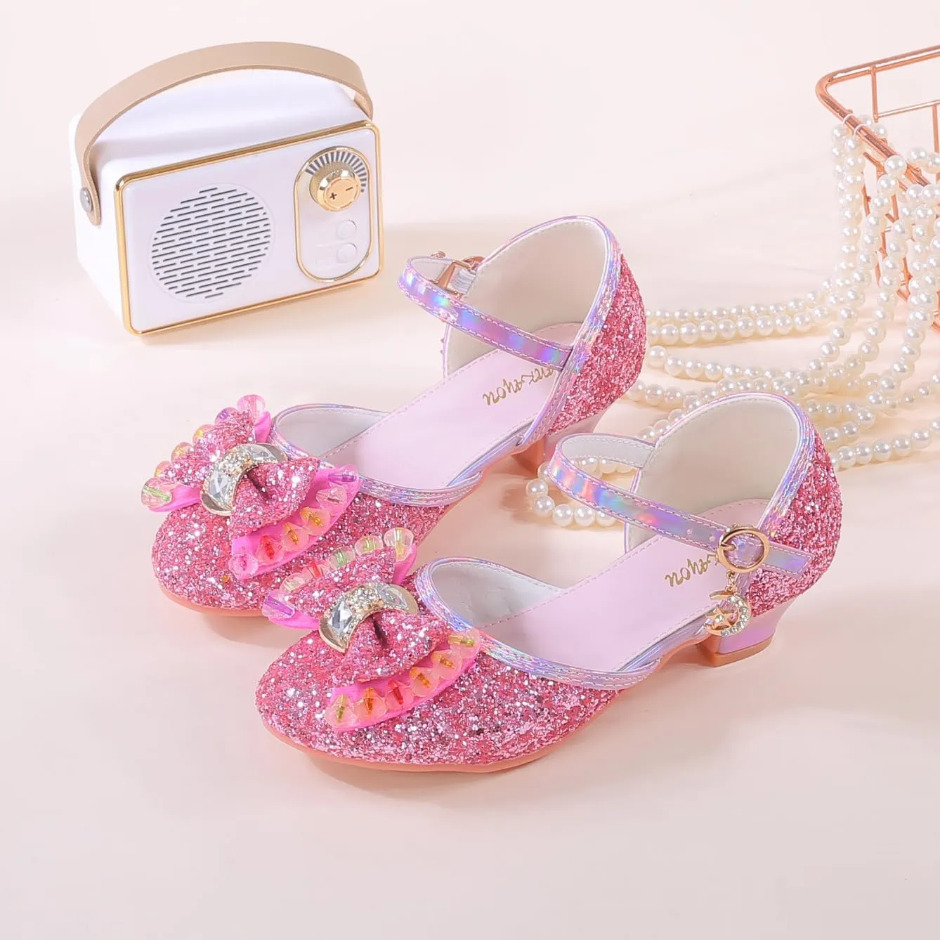 YUNICUS Girls Sandals Cosplay Clear Sparkle Jelly Dress Shoes with Bow Mary Jane Flats
