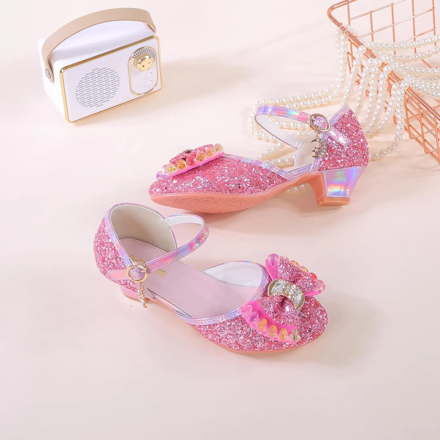 YUNICUS Girls Sandals Cosplay Clear Sparkle Jelly Dress Shoes with Bow Mary Jane Flats