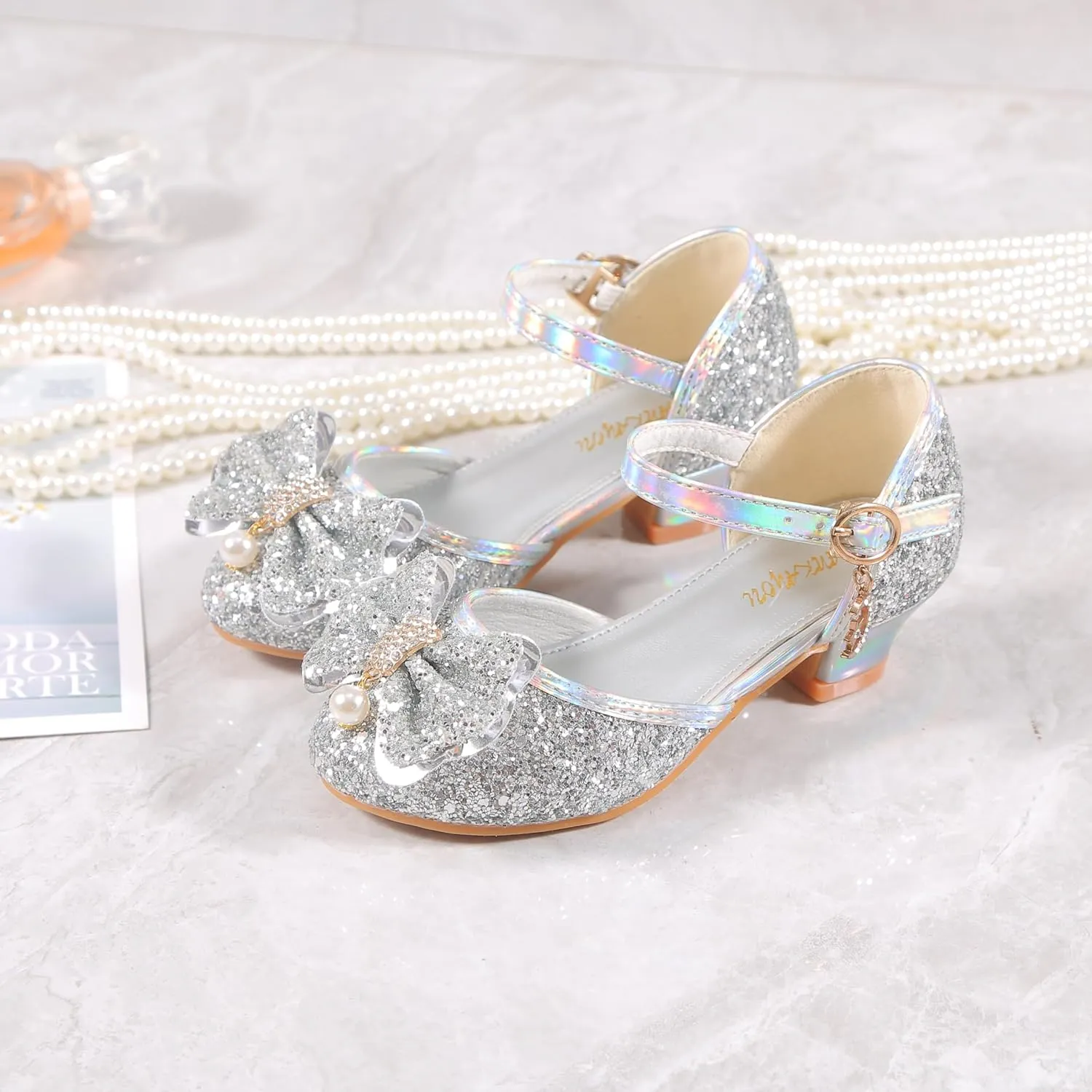 YUNICUS Girls Sandals Cosplay Clear Sparkle Jelly Dress Shoes with Bow Mary Jane Flats