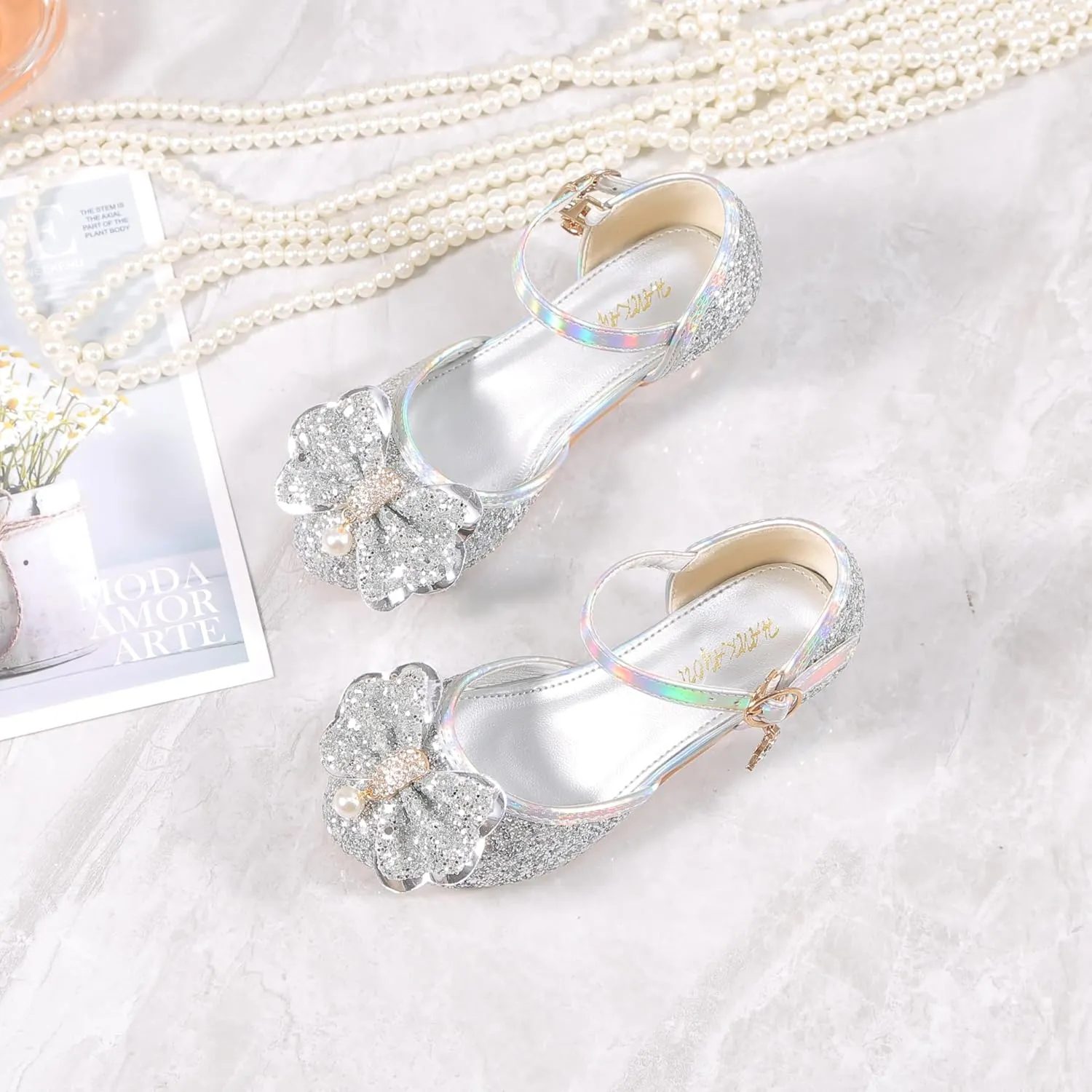 YUNICUS Girls Sandals Cosplay Clear Sparkle Jelly Dress Shoes with Bow Mary Jane Flats