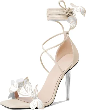 Zamikoo High Heeled Sandals for Women, Ankle Strap Open Toe High Heel Butterfly Heels, Strappy Lace Up Square Toe Stiletto Clear Heels 4 Inches