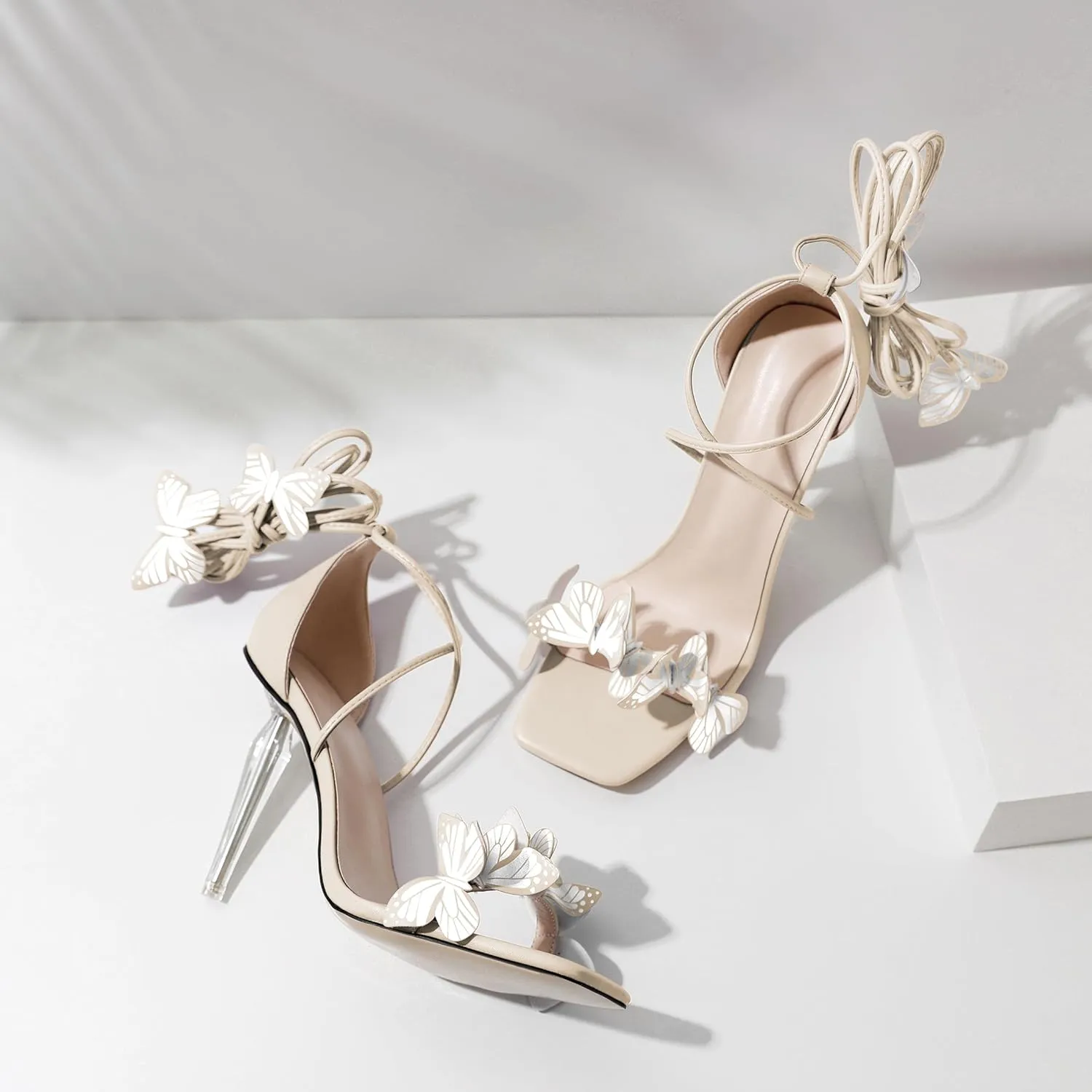 Zamikoo High Heeled Sandals for Women, Ankle Strap Open Toe High Heel Butterfly Heels, Strappy Lace Up Square Toe Stiletto Clear Heels 4 Inches