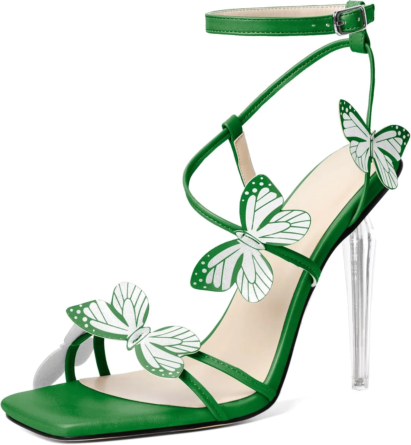 Zamikoo Open Toe Ankle Strap High Heels for Women, Square Toe Butterfly Heeled Sandals, Strappy Clear Stiletto Butterfly Heels 4 Incheses