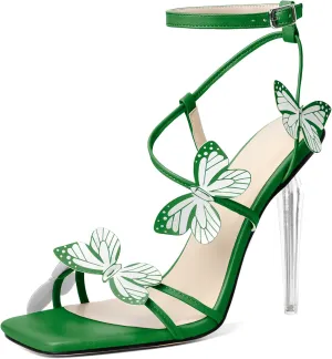 Zamikoo Open Toe Ankle Strap High Heels for Women, Square Toe Butterfly Heeled Sandals, Strappy Clear Stiletto Butterfly Heels 4 Incheses