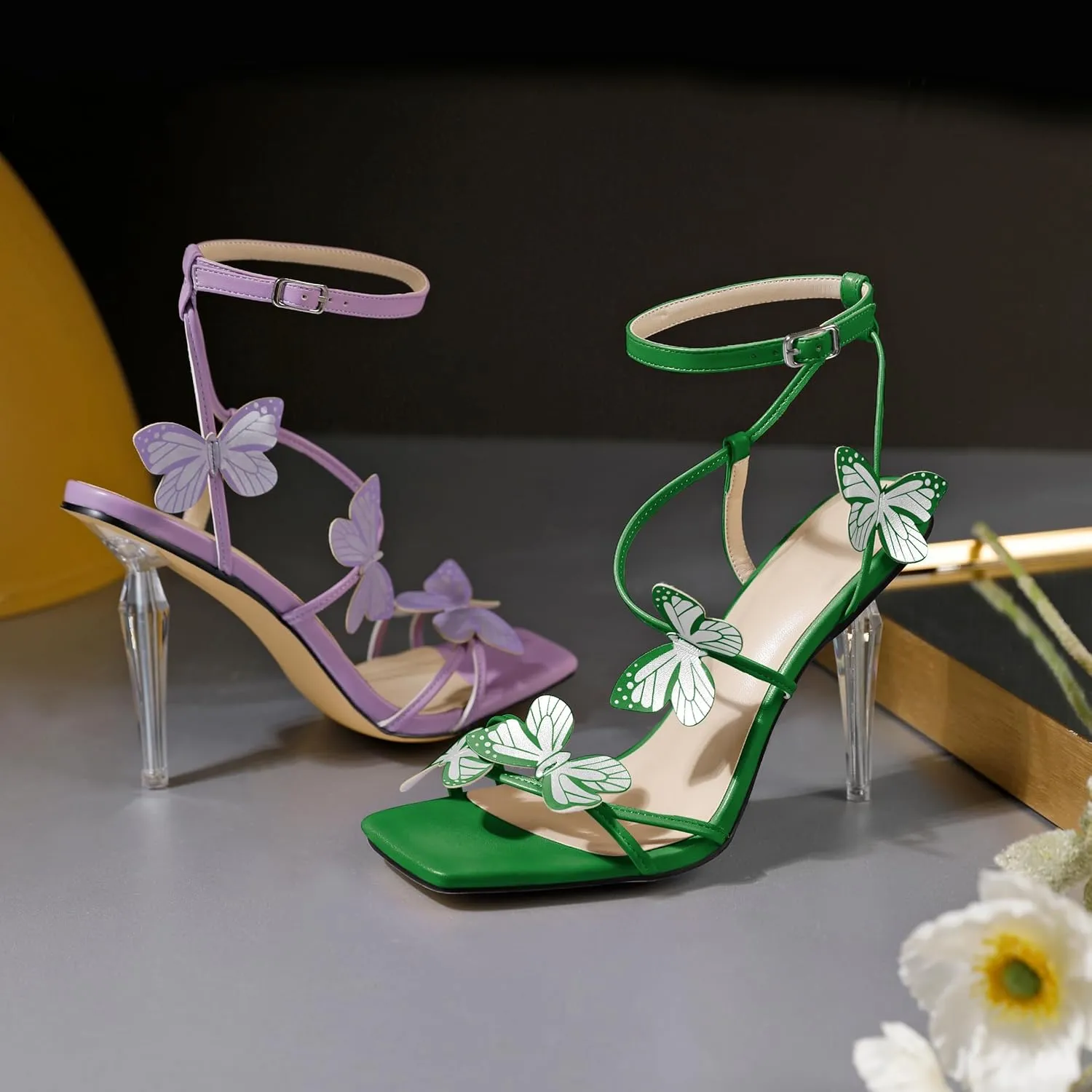 Zamikoo Open Toe Ankle Strap High Heels for Women, Square Toe Butterfly Heeled Sandals, Strappy Clear Stiletto Butterfly Heels 4 Incheses