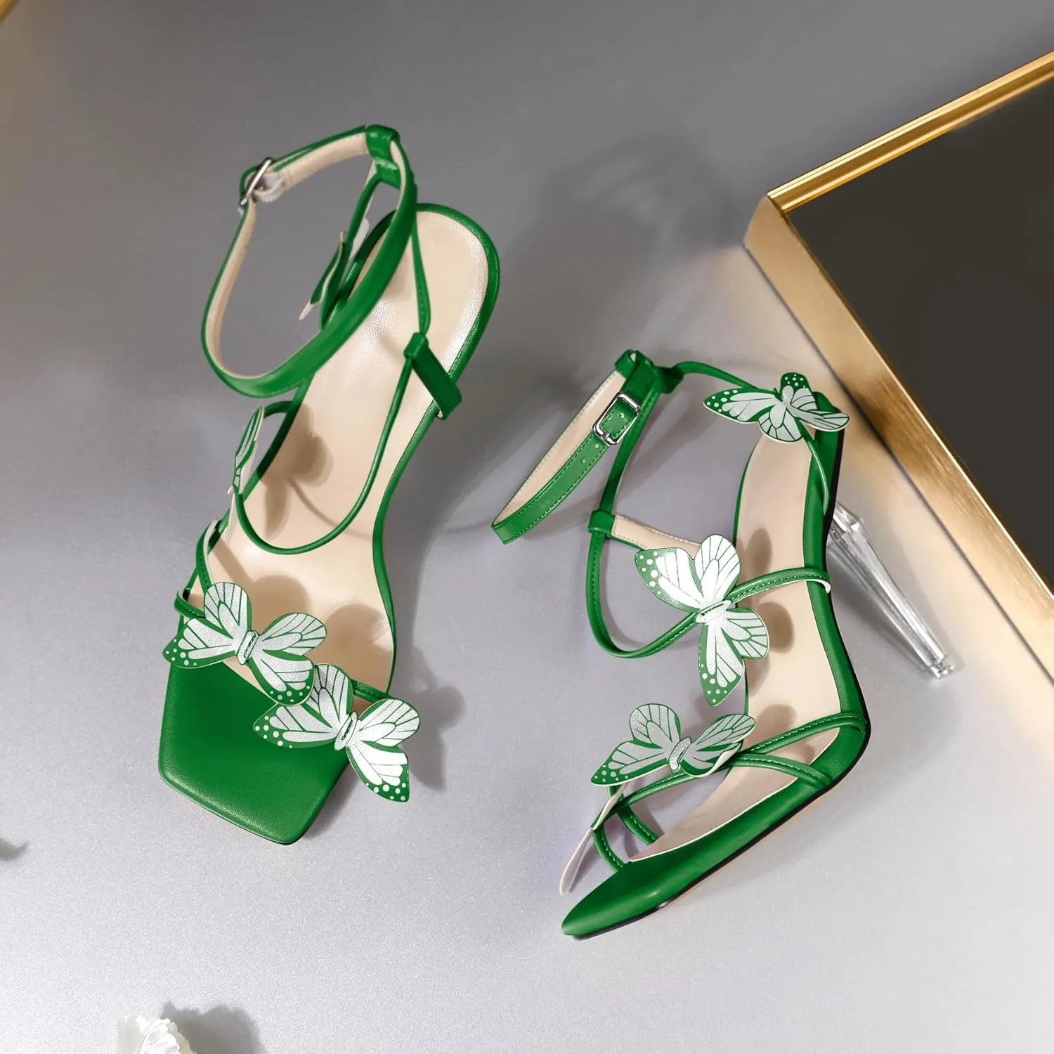 Zamikoo Open Toe Ankle Strap High Heels for Women, Square Toe Butterfly Heeled Sandals, Strappy Clear Stiletto Butterfly Heels 4 Incheses