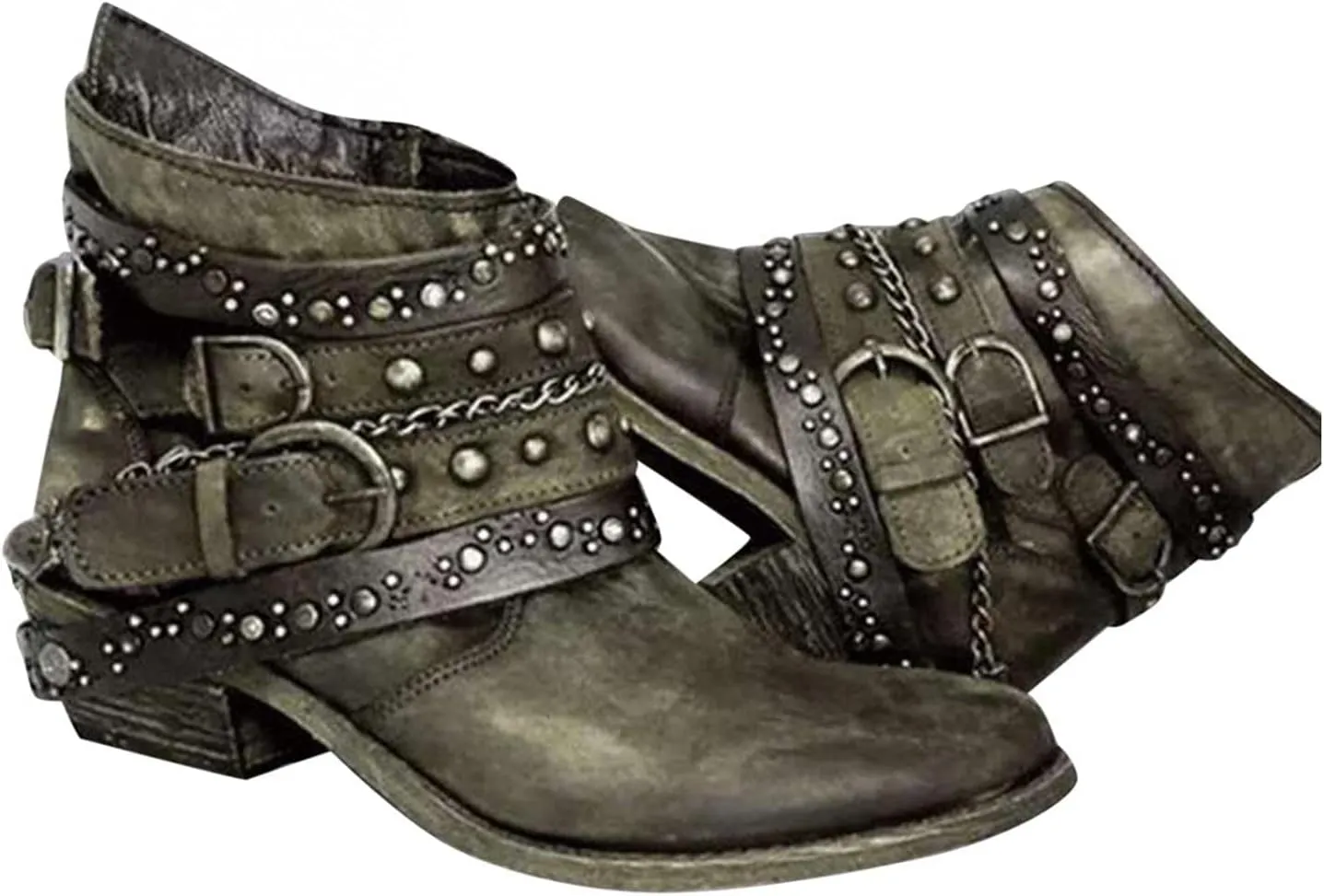 ZBYY Women's Ankle Boots Chunky Stacked Low Heeled Booties for Women Pointed Toe Retro Buckled Studded Combat Booties
