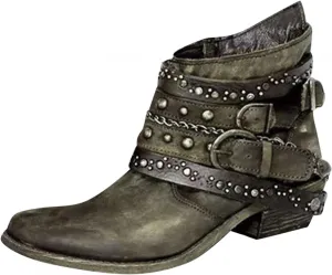 ZBYY Women's Ankle Boots Chunky Stacked Low Heeled Booties for Women Pointed Toe Retro Buckled Studded Combat Booties