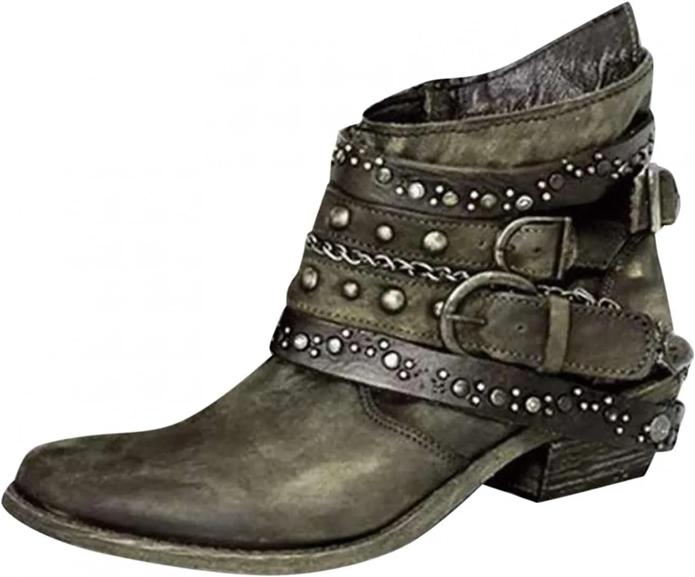 ZBYY Women's Ankle Boots Chunky Stacked Low Heeled Booties for Women Pointed Toe Retro Buckled Studded Combat Booties