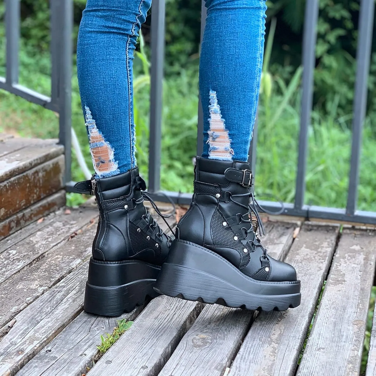 ZBYY Women's Lace Up Combat Booties Wedge Platform Mid Calf Military Booties Goth Buckle Strap Winter Ankle Boots
