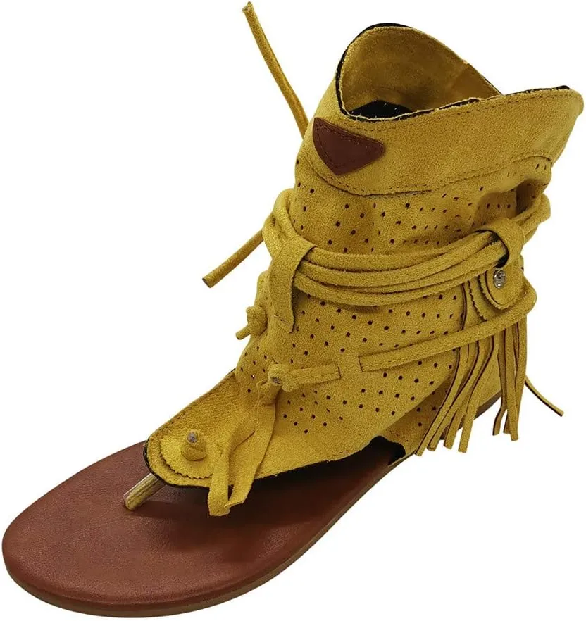ZBYY Womens Suede Tassels Thong Flat Sandals Girls Gladiator Summer Bohemian Flip Flops Fringe Roman Beach Shoes