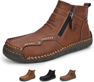 Zeberfi Men's Waterproof Leather Chukka Ankle Boots for Hiking Camping & Driving Fashion Retro Side Zip Hand Stitched High Top Outdoor Walking Sneakers Optional Warm Velvet Lining Snow Boots