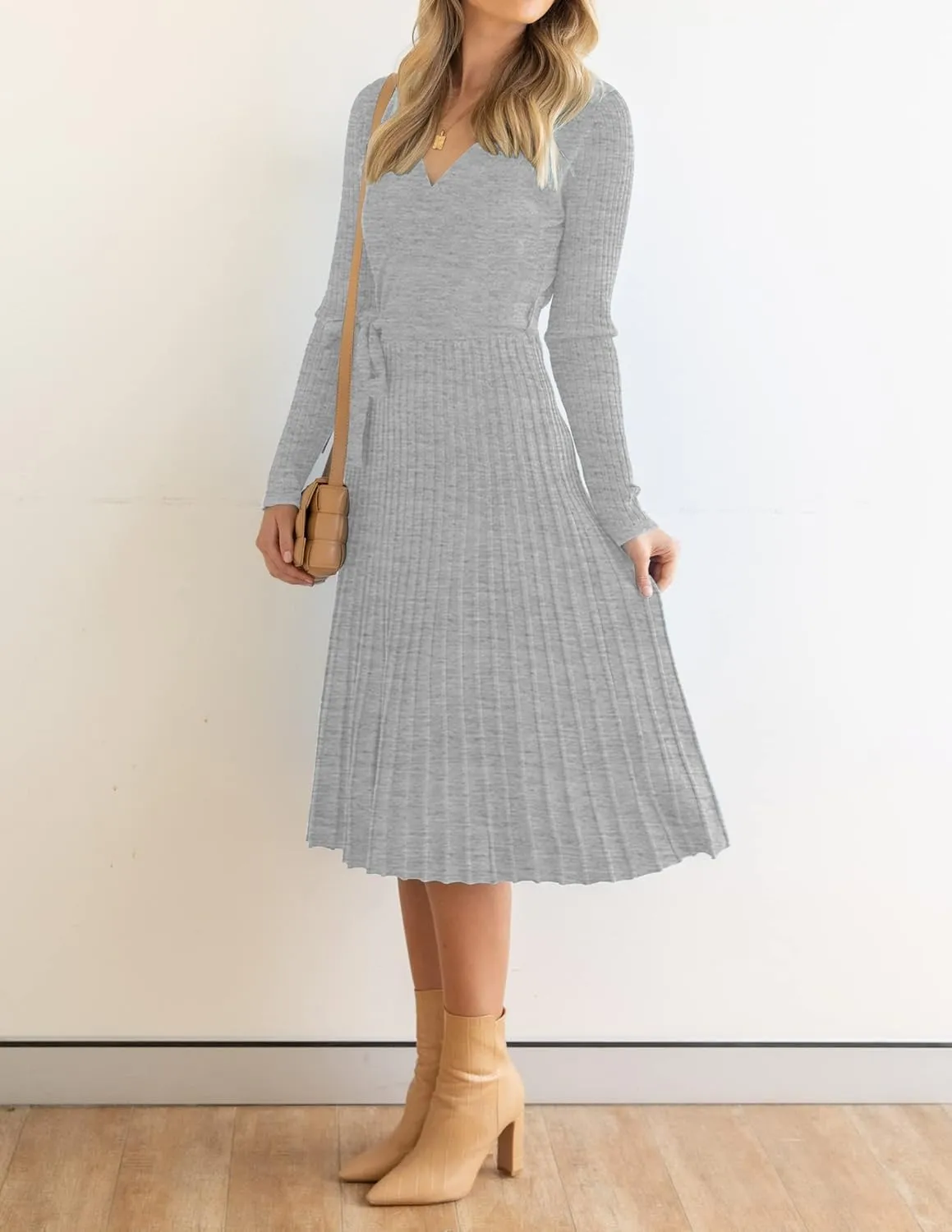 ZESICA Women's Fall Long Sleeve Wrap V Neck Ribbed Knit Pleated A Line Pullover Sweater Dress with Belt