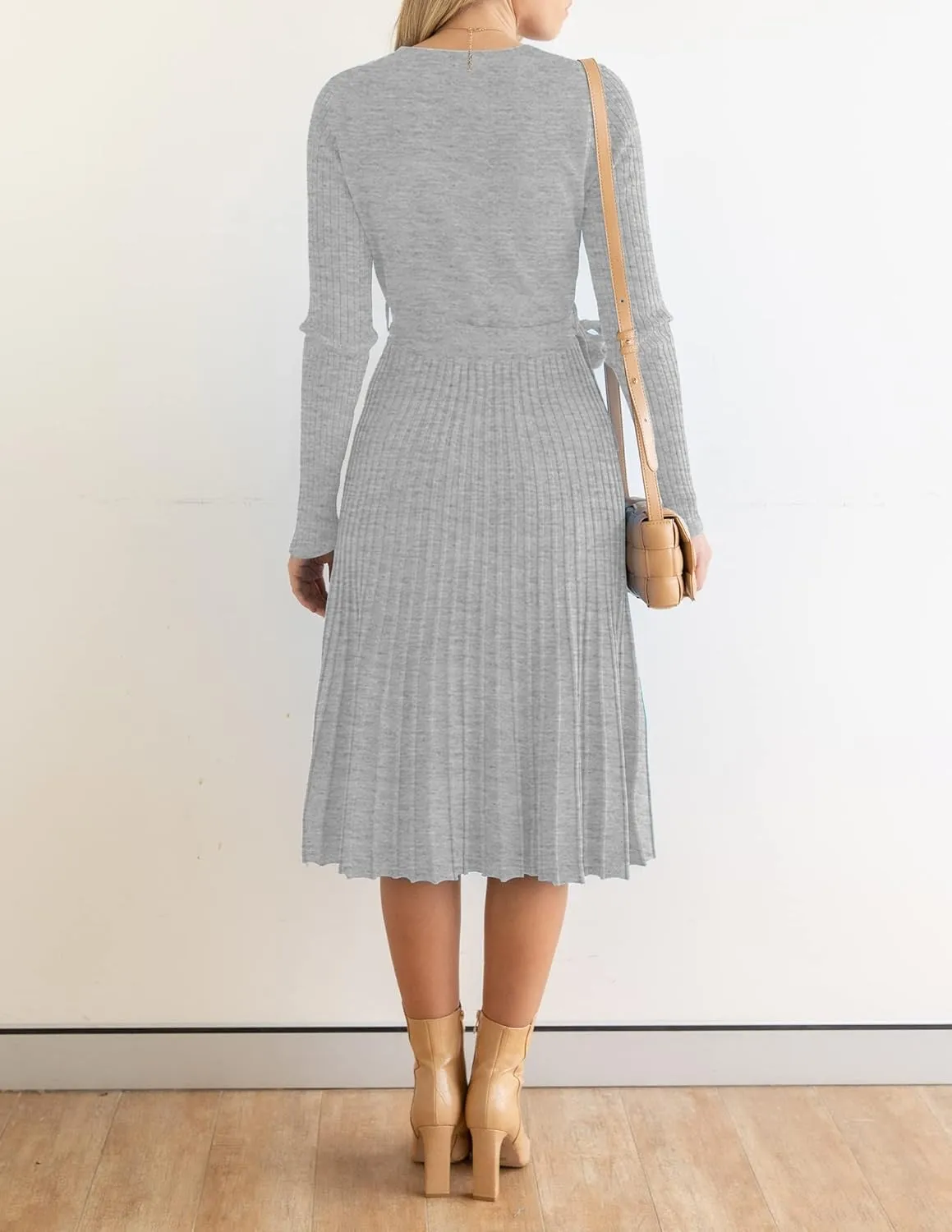 ZESICA Women's Fall Long Sleeve Wrap V Neck Ribbed Knit Pleated A Line Pullover Sweater Dress with Belt