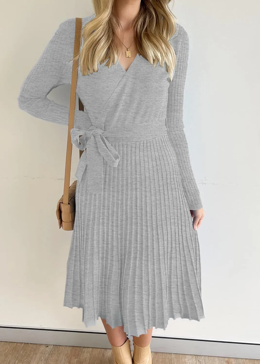 ZESICA Women's Fall Long Sleeve Wrap V Neck Ribbed Knit Pleated A Line Pullover Sweater Dress with Belt