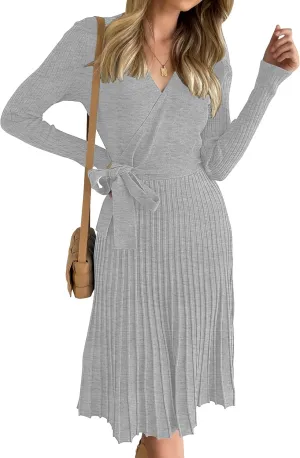 ZESICA Women's Fall Long Sleeve Wrap V Neck Ribbed Knit Pleated A Line Pullover Sweater Dress with Belt