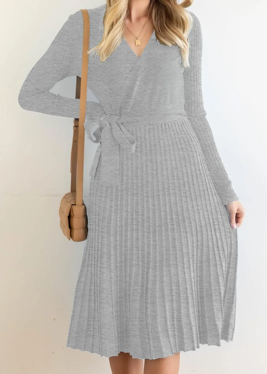 ZESICA Women's Fall Long Sleeve Wrap V Neck Ribbed Knit Pleated A Line Pullover Sweater Dress with Belt