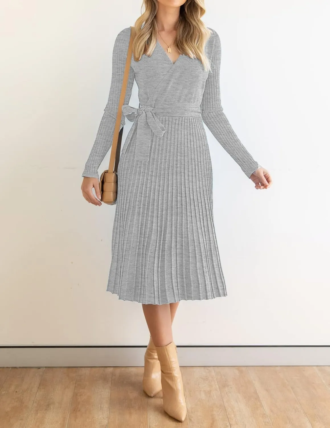 ZESICA Women's Fall Long Sleeve Wrap V Neck Ribbed Knit Pleated A Line Pullover Sweater Dress with Belt