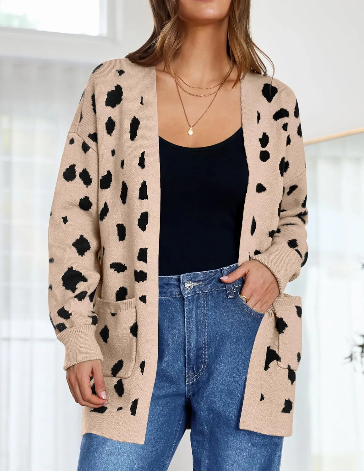 ZESICA Women's Fall Winter Long Sleeves Open Front Leopard Print Knitted Sweater Cardigan Coat Outwear