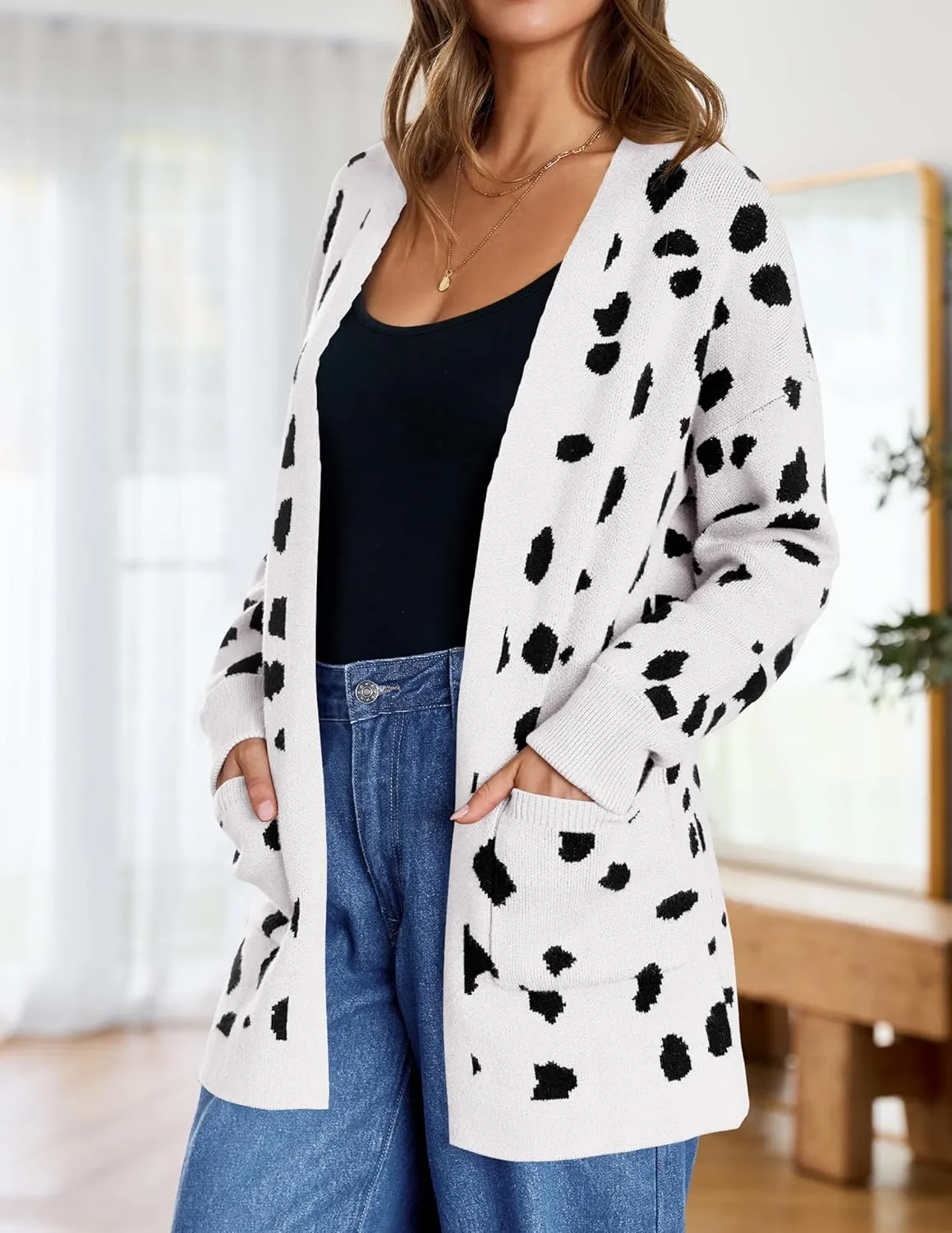 ZESICA Women's Fall Winter Long Sleeves Open Front Leopard Print Knitted Sweater Cardigan Coat Outwear