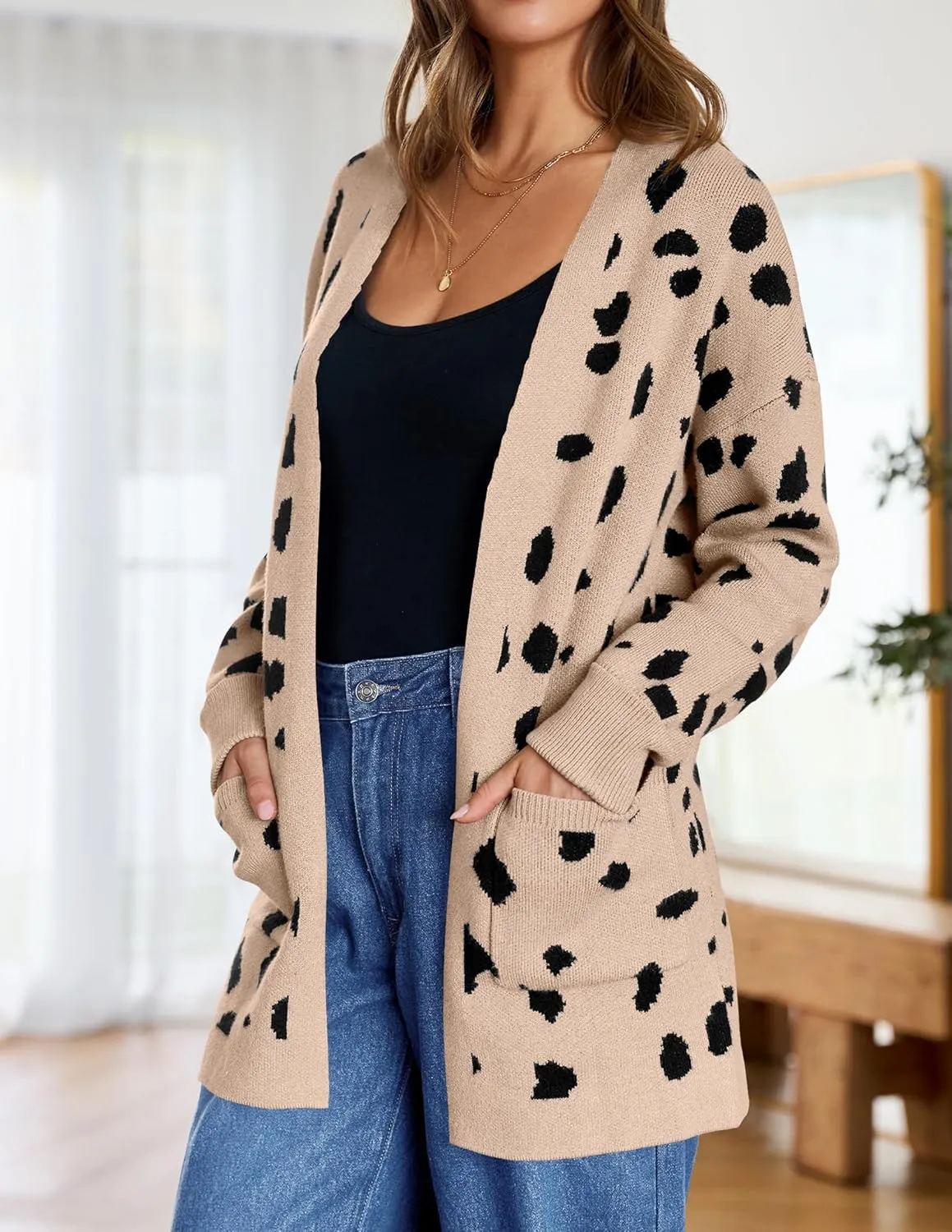 ZESICA Women's Fall Winter Long Sleeves Open Front Leopard Print Knitted Sweater Cardigan Coat Outwear